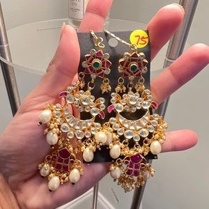 South Asian Kundan Earring with ear chain support